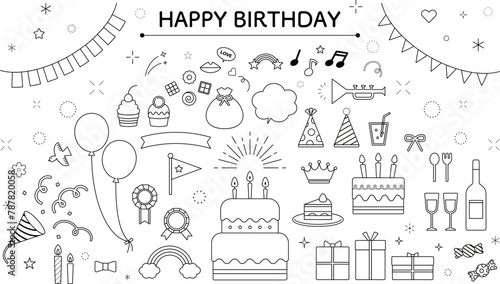 バースデー　セット　シンプル　リボン　ポップ　装飾　バリエーション　線画　かわいい　白黒　お誕生日