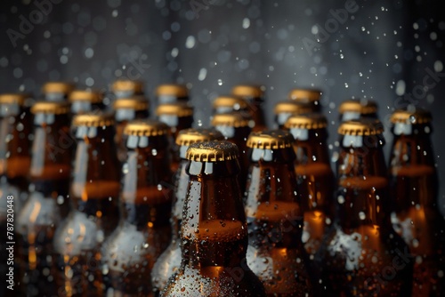 Beer bottles with drops of water on a dark background, selective focus photo