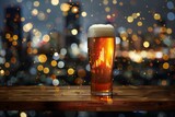Glass of beer on wooden table and bokeh lights background