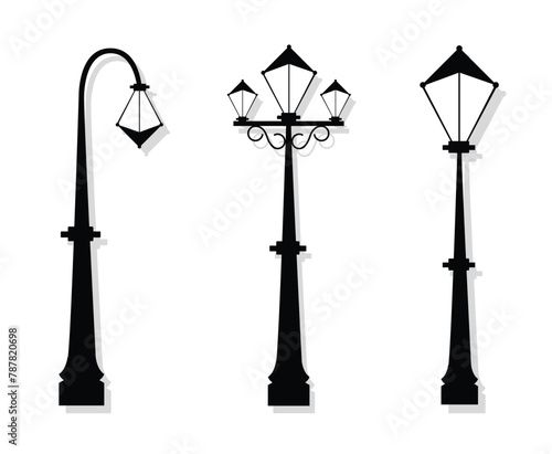 Set of lighting outdoor street lamp garden, urban old street black poles, front street lamp spot in silhouette style illustration © Surkhab