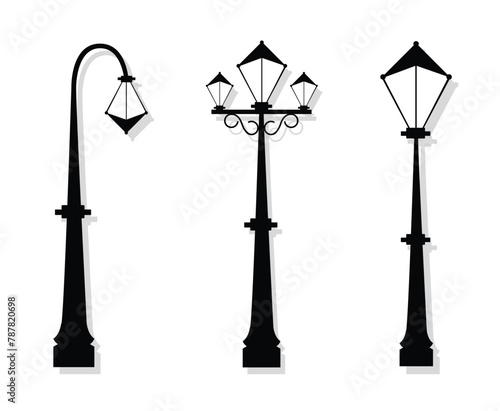 Set of lighting outdoor street lamp garden, urban old street black poles, front street lamp spot in silhouette style illustration