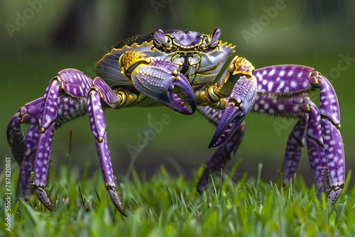 Close-up of a purple crab in the grass in the garden