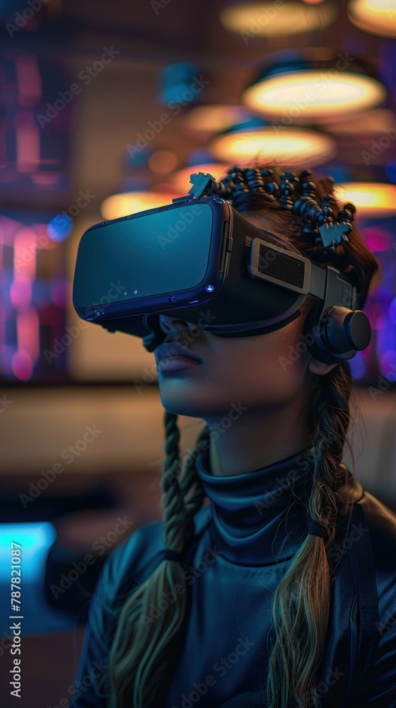 A woman wearing a virtual reality headset A woman wearing a virtual reality headset