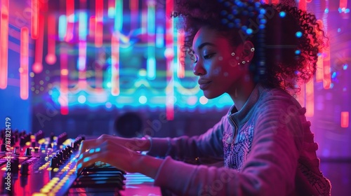 A woman is playing a keyboard in a room with neon lights