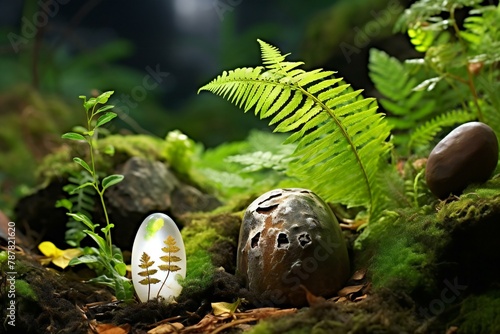 Easter egg in the moss with fern and stone on nature background © Picasso