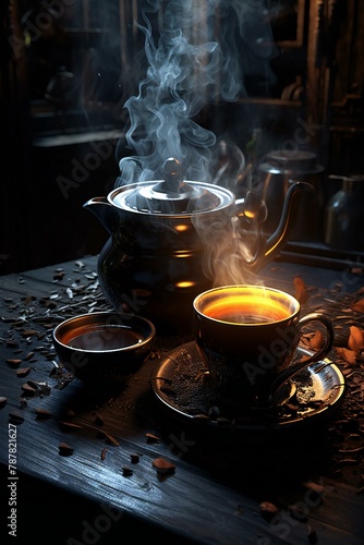 Tea in a cup and saucer on a wooden table, Dark background