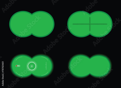 Set of binoculars view with green screen, high tech optical binocular aim sight and zoom frame illustration