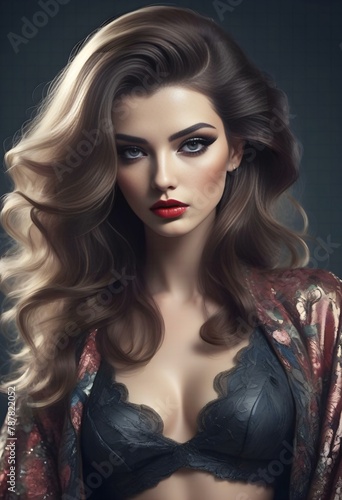 Portrait of beautiful young woman with long curly hair, Perfect makeup and red lips