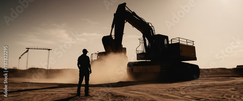 A silhouette of a person standing in front of a giant digital screen with Excavator Loading Sand In Industrial Truck