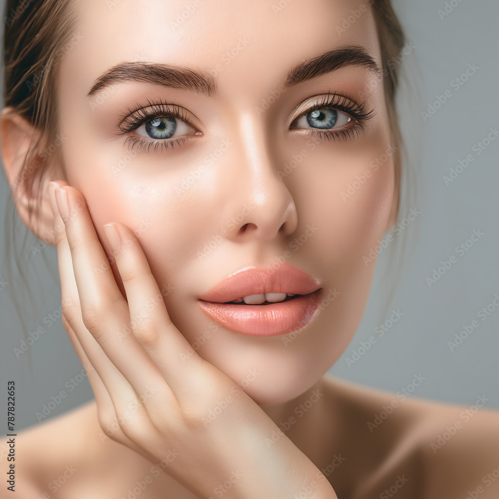 Woman with beautiful face touching healthy facial. Woman with beautiful face touching healthy facial.