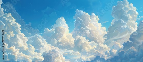 Fluffy white clouds in a clear blue sky photo