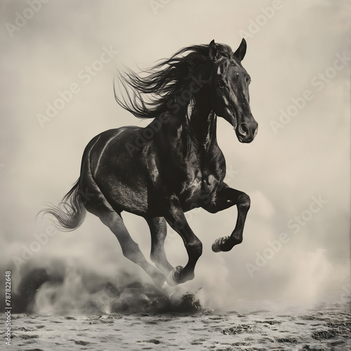 Wild horse leap in dust  black horse.
