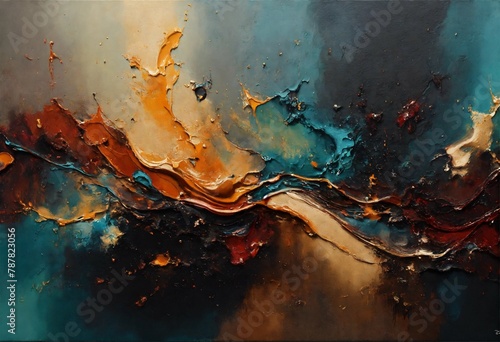 abstract painting done in dutch pouring style with texture and depth dark colours, metal background oil painting  photo