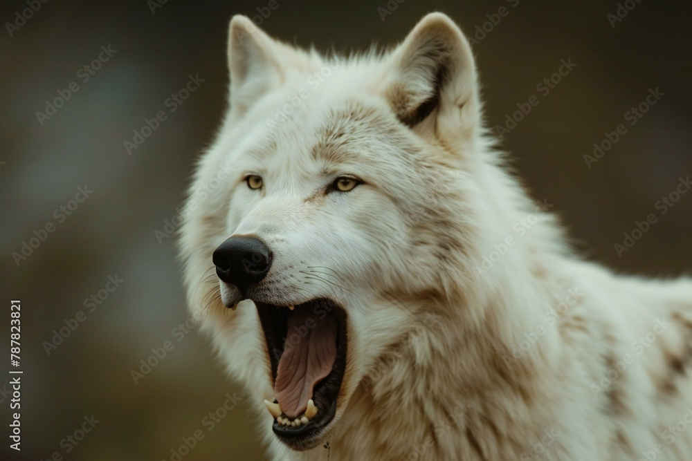 Portrait of a white wolf with open mouth in the forest
