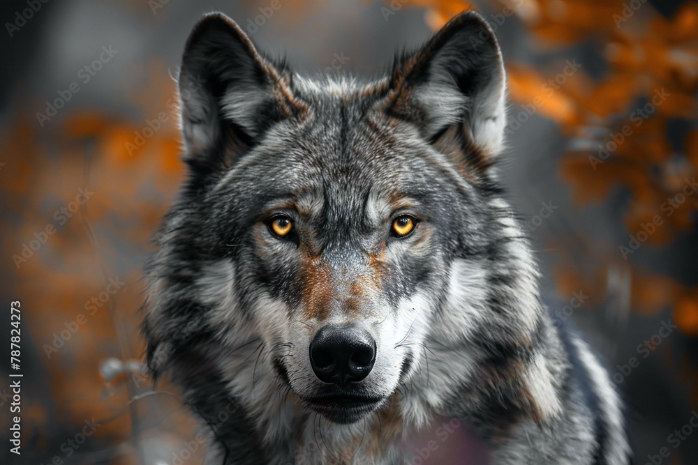 Portrait of gray wolf in the autumn forest,  Close-up