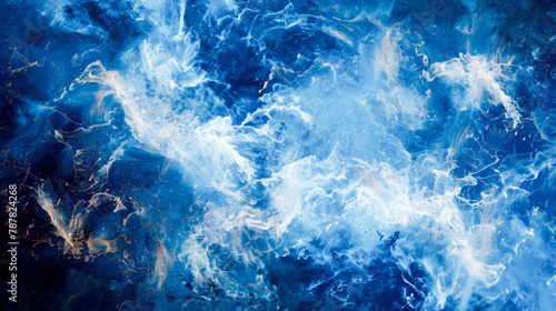 Abstract image of blue and white swirling textures resembling cosmic clouds or underwater fluid dynamics with luminous accents.