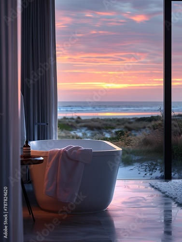 Luxury Bathtub Overlooking a Beach at Sunset