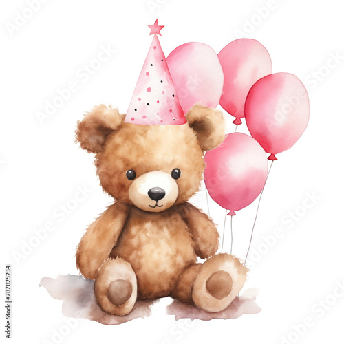 PNG Pink teddy bear, watercolor illustration, transparent background