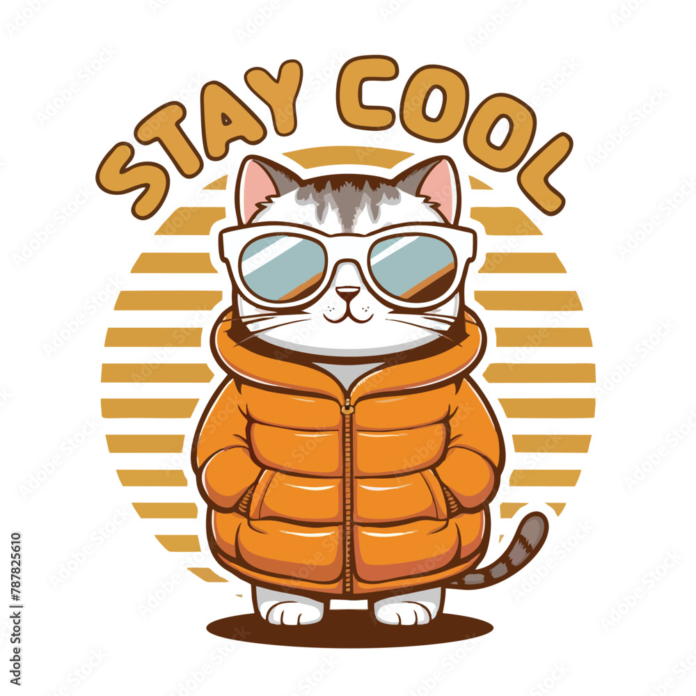 Naklejka premium A cute cartoon illustration of a CAT wearing a puffy coat AND SUN GLASES with the text 