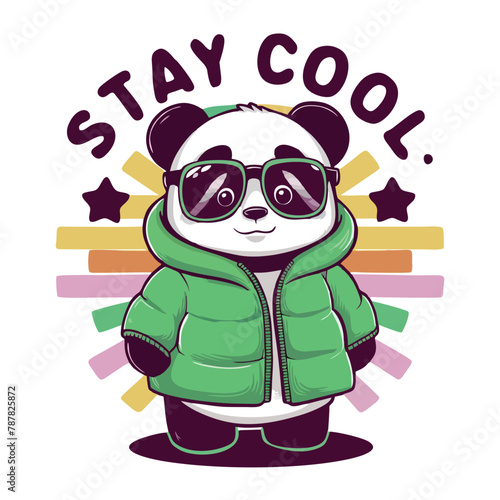 A cute cartoon illustration of a panda wearing a  puffy coat AND SUN GLASES with the text "Stay Cool" above it. illustration for a t-shirt, merchandise and more