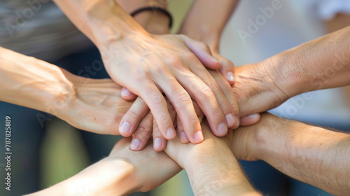 Multiple hands touching in gesture of unity and solidarity © Vivid Pixels
