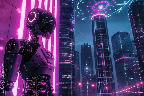 A robot stands in front of a cityscape with neon lights