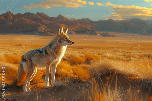 A coyote is standing in the desert, looking to the left photo