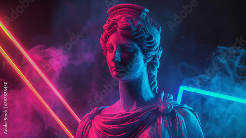 A 3D rendering of a Greek woman statue is showcased in a photographer's studio, illuminated by colorful neon lights against a dark background. This dynamic composition adds a modern twist to classical