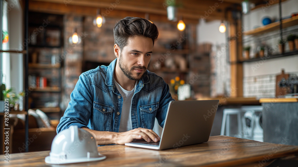 A man in blue work clothes is typing on a laptop at a desk A man in blue work clothes is typing on a laptop at a desk