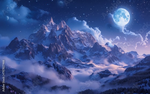 A mountain range with a large blue moon in the sky