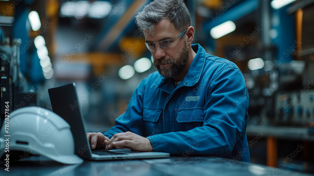 A man in blue work clothes is typing on a laptop at a desk A man in blue work clothes is typing on a laptop at a desk
