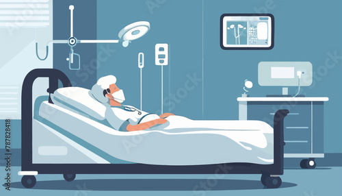 Hospitalization Concept: Doodle Art of a Sick Man in a Hospital Bed
