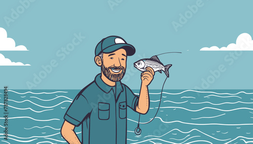 Minimalist Doodle of a Happy Fisherman with His Catch Against the Sea