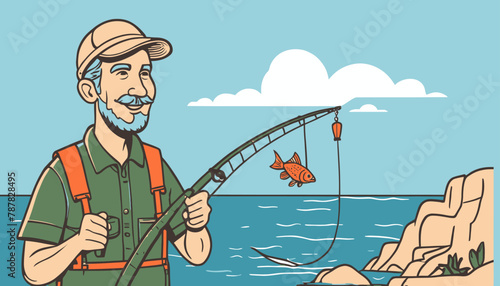 Modern Flat Style Vector Illustration: Happy Fisherman Doodle Art