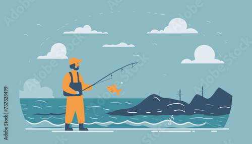 Fishing Concept: Doodle Art of a Fisherman Holding a Fish