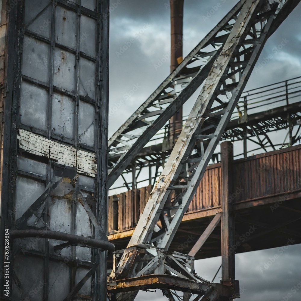 A moody industrial background with aged metal structures and faded signage, capturing the industrial heritage of urban landscapes
