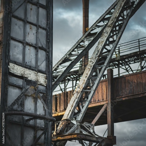 A moody industrial background with aged metal structures and faded signage, capturing the industrial heritage of urban landscapes 