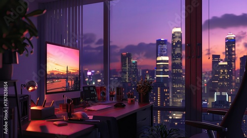 Remote work setup with city view, dusk, efficient space, vibrant screen glow