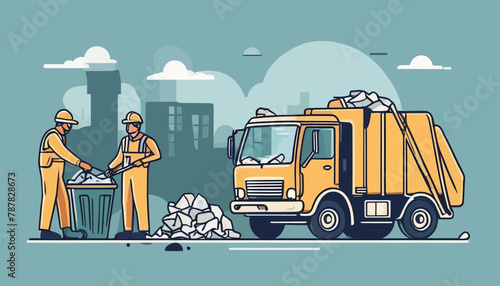 Minimalist Doodle of Dustmen and Garbage Truck Cleaning a Trash Can
