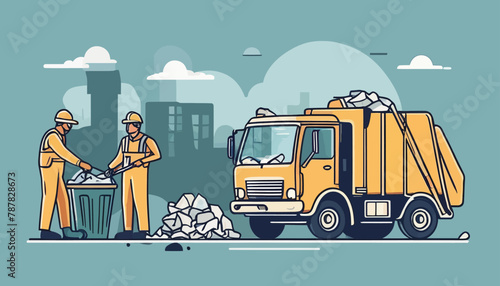 Minimalist Doodle of Dustmen and Garbage Truck Cleaning a Trash Can photo