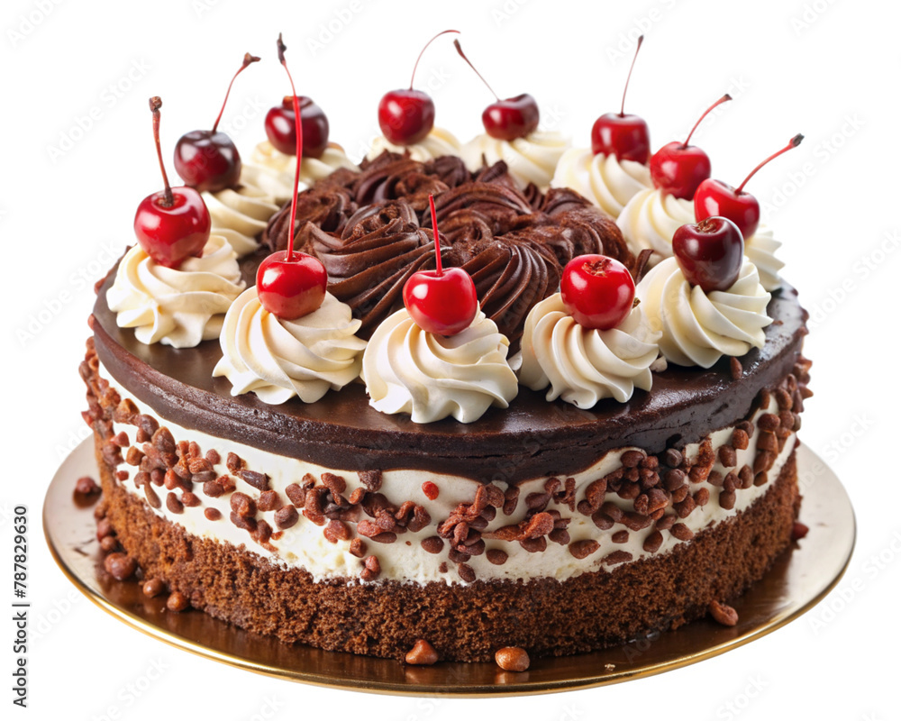 Black Forest cake isolated on white background. Traditional German dessert made with layers of chocolate sponge cake, cherries, and whipped cream. Black Forest cake isolated on white background. Traditional German dessert made with layers of chocolate sponge cake, cherries, and whipped cream.