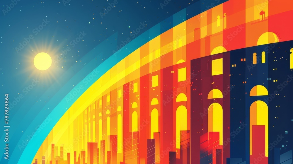 Against a colorful backdrop, the design of Italy's Colosseum