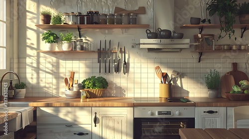 Kitchen featuring utensils and decorative items on the counter suitable for inserting items