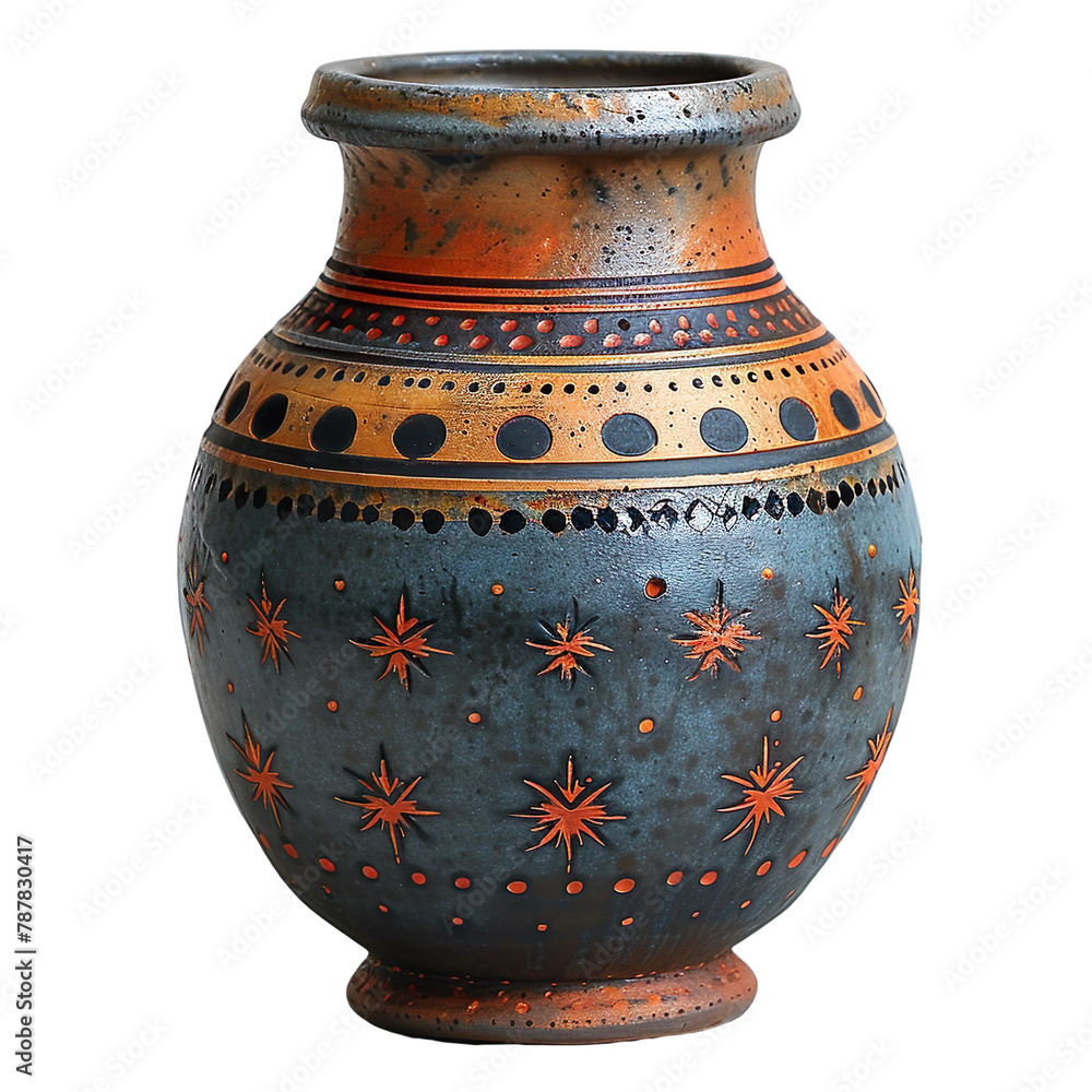 Front view of earthen celestial-patterned vase isolated on a white transparent background Front view of earthen celestial-patterned vase isolated on a white transparent background
