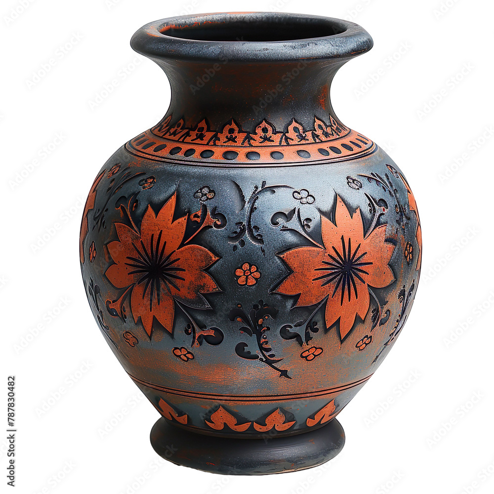 Front view of earthen ceramic-patterned vase isolated on a white transparent background