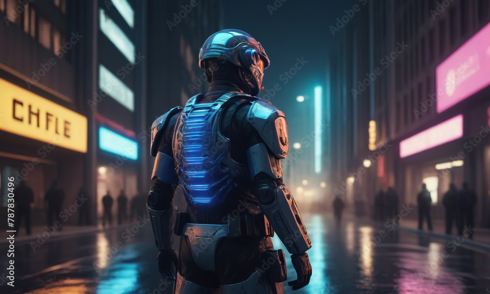 RoboCop is on duty to protect public order on the streets of the evening city.