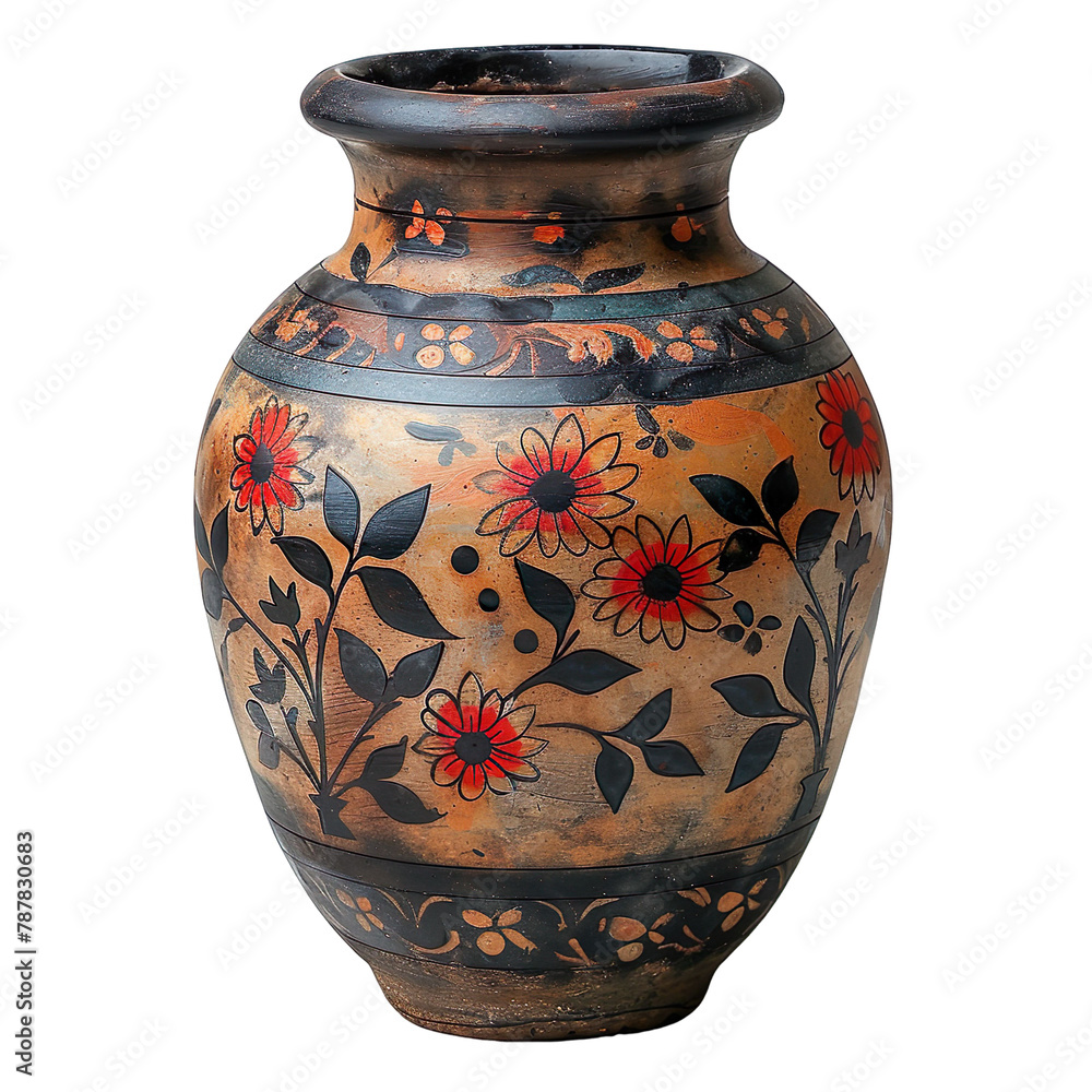 Front view of earthen folk-art styled vase isolated on a white transparent background Front view of earthen folk-art styled vase isolated on a white transparent background