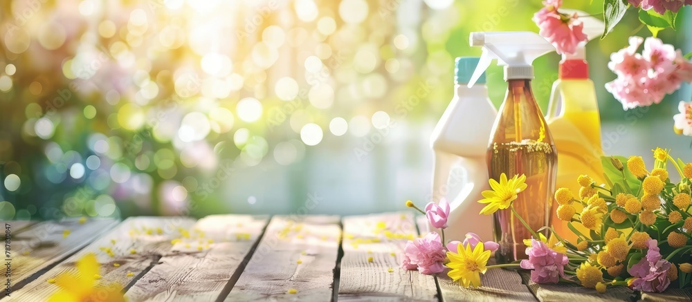 Fototapeta premium The idea of spring cleaning with cleaning supplies placed on a wooden table.