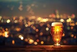 Glass of beer on wooden table with blurred cityscape on background