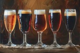 Three glasses of different beer on a wooden table,  Dark background